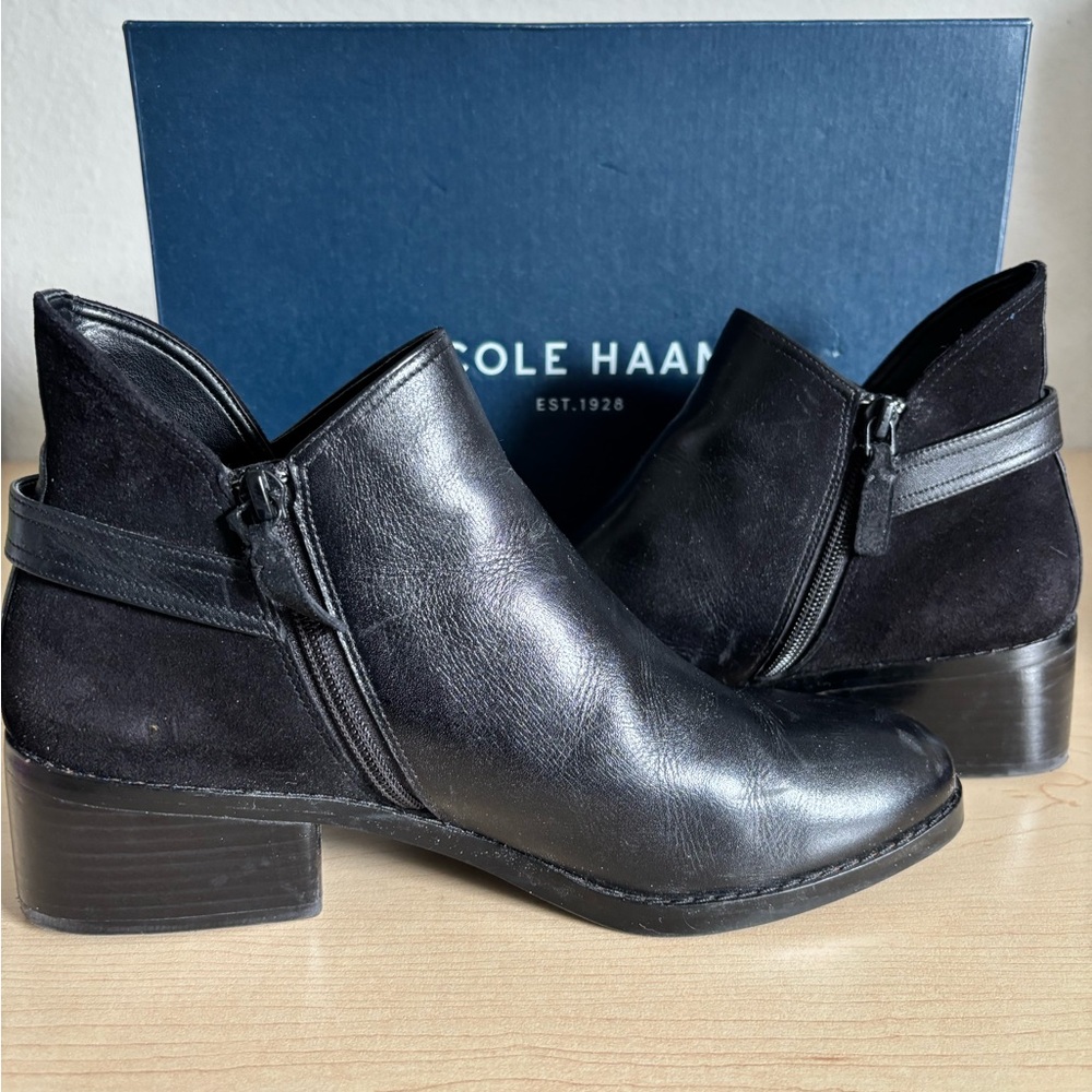 Cole Haan Black Leather Ankle Boot with Gold Buckle Accent - Picture 3 of 12